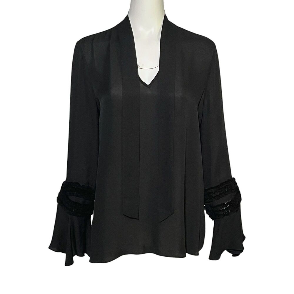 Kobi Halperin Silk Blouse Black Tie Neck Sheer Fringe Bell Sleeve Size M - Picture 2 of 9